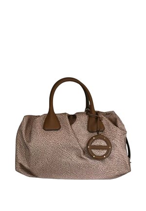 Soft brown patterned handbag with rounded leather handles and a circular leather keychain attached to one handle.