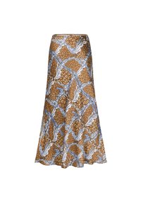 Jupe fluide marron avec des motifs floraux bleus et blancs et des chaînes, longueur midi, taille haute et silhouette en A.