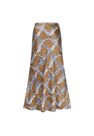 Bruine, vloeiende rok met blauwe en witte bloemen- en kettingpatronen, midi-lengte, hoge taille en A-lijn silhouet.