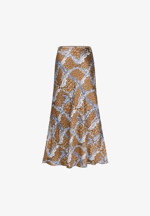 Jupe fluide marron avec des motifs floraux bleus et blancs et des chaînes, longueur midi, taille haute et silhouette en A.