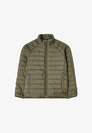 Olivengrøn quiltet jakke med lynlås, ståkrave, lange ærmer, sidelommer og let polstret design.