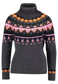 Pletený šedý rolák s barevnými geometrickými vzory v oranžové, růžové, zelené a černé barvě na hrudi a rukávech.