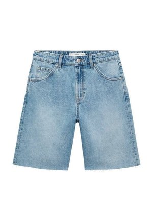 Light blue denim shorts with a straight cut, five pockets, front button closure, and frayed hem detail. Classic denim texture.