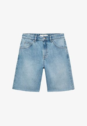 Lyseblå denimshorts med lige snit, fem lommer, frontlukning med knap og flosset kantdetalje. Klassisk denimtekstur.