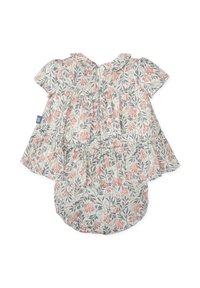 Vestido de tela ligera con estampado floral, con mangas cortas acampanadas, presenta flores rosas y grises sobre un fondo blanco y una cinturilla elástica.