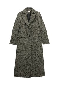 Cappotto lungo caratterizzato da un motivo a scacchi bianco e nero, con colletto a risvolto, maniche lunghe e due tasche frontali. Chiusura a due bottoni.