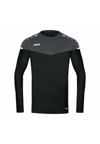 T-shirt de sport noir à manches longues avec des accents d'épaule gris et des détails circulaires. Présente un col rond et une coupe ajustée. Logo de la marque affiché.