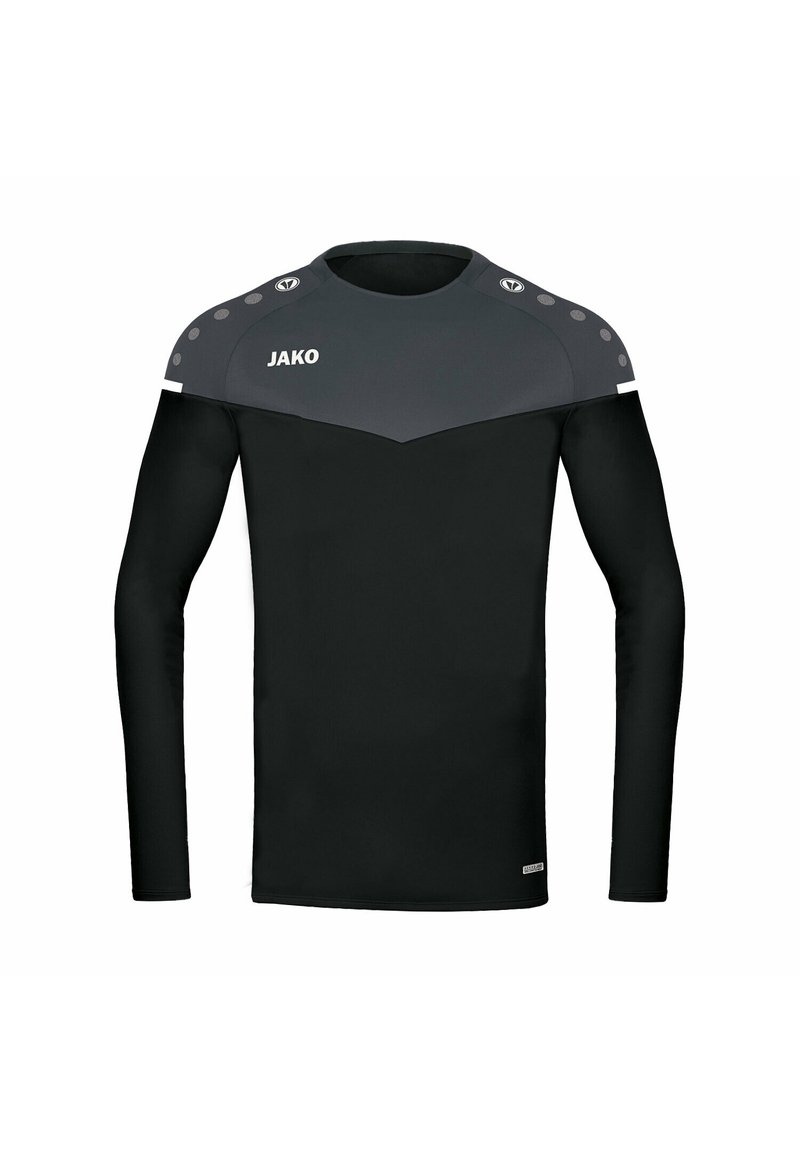 T-shirt de sport noir à manches longues avec des accents d'épaule gris et des détails circulaires. Présente un col rond et une coupe ajustée. Logo de la marque affiché.