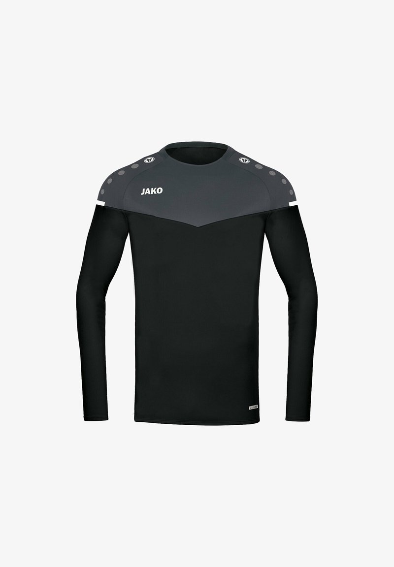 T-shirt de sport noir à manches longues avec des accents d'épaule gris et des détails circulaires. Présente un col rond et une coupe ajustée. Logo de la marque affiché.