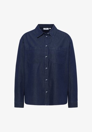 Chemise en denim bleu foncé, avec un col classique, un devant à boutons, deux poches poitrine et des manches longues avec des poignets à boutons.