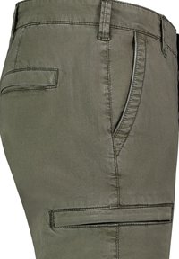 Green cotton blend trousers with a smooth texture, featuring front pockets, a flat rear pocket, and sleek stitching details.