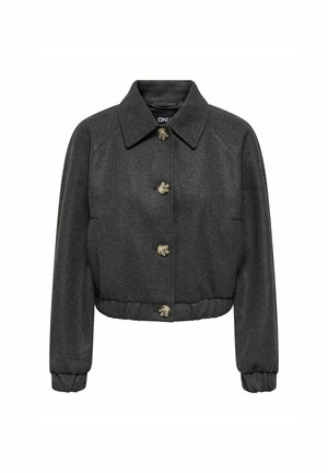 Veste cropped gris foncé avec col, dotée de cinq boutons de fermeture et de poignets élastiqués. Design simple et élégant, adapté à une tenue décontractée.