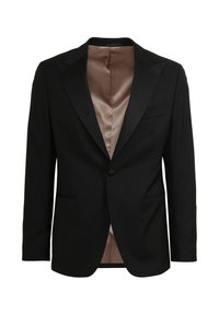Zwarte blazer met satijnen revers, sluiting met één knoop en twee voork contraststeken. Voering van beige satijn, toont een op maat gemaakte vormgeving en gestructureerde uitstraling.