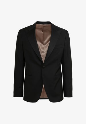 Black blazer with satin lapels, single button closure, and two front pockets. Lined in beige satin, showcasing tailored design and structured shape.