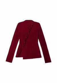 Chaqueta de manga larga color burdeos con delantero con volantes, dobladillo asimétrico y cierre de botones, confeccionada en una tela suave y texturizada.