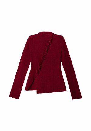 Chaqueta de manga larga color burdeos con delantero con volantes, dobladillo asimétrico y cierre de botones, confeccionada en una tela suave y texturizada.