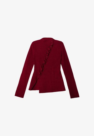 Chaqueta de manga larga color burdeos con delantero con volantes, dobladillo asimétrico y cierre de botones, confeccionada en una tela suave y texturizada.