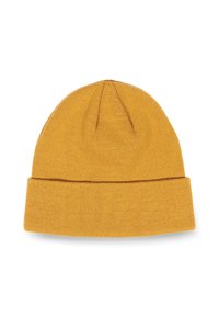 Bonnet en tricot jaune fabriqué en tissu doux. Il présente un revers roulé, une texture lisse, et un sommet arrondi avec un détail de couture centrale.