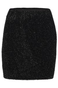 Svart miniskjørt laget av myk, teksturert stoff med en shiny, glitrende overflate. Rett silhuett med elastisk midjebånd.