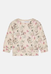 Sweatshirt beige avec un motif de lapin aquarelle et de fleurs, doté de manches longues et d'un col arrondi. Texture de tissu douce.