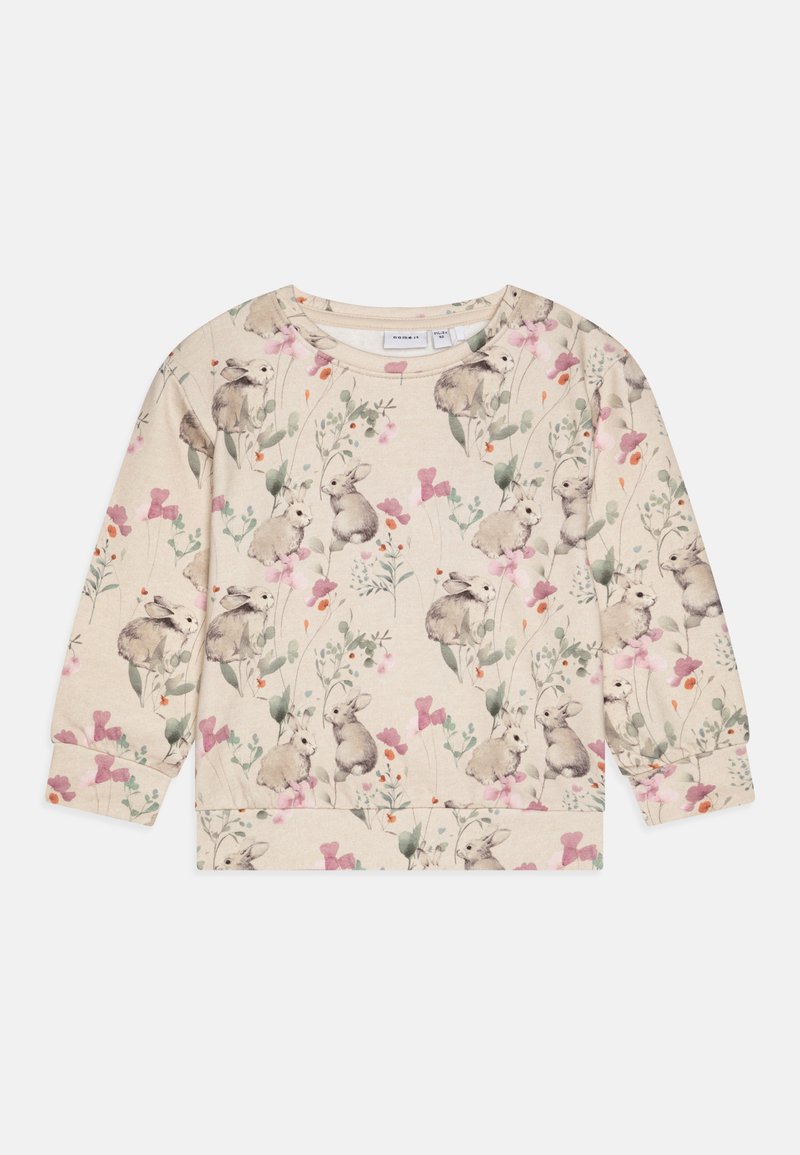 Sweatshirt beige avec un motif de lapin aquarelle et de fleurs, doté de manches longues et d'un col arrondi. Texture de tissu douce.