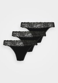 Schwarzes Spitzen-Unterwäscheset, das mit kunstvollen Blumendrucken entlang des elastischen Bundes und gewellten Kanten für einen zarten Abschluss gestaltet ist.