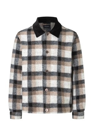 Veste en laine boutonnée avec col en velours côtelé noir, arborant un grand motif à carreaux beige, blanc, gris et noir.