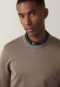 Brauner Pullover mit rundem Halsausschnitt, strukturiertem Stoff und einem dunkelblauen Kragen darunter. Glatte Oberfläche und taillierte Passform.