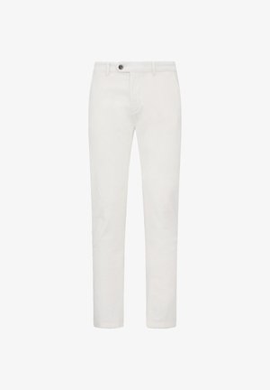 White corduroy trousers with a straight-leg design, featuring a button closure and subtle ribbed texture. No pockets visible.