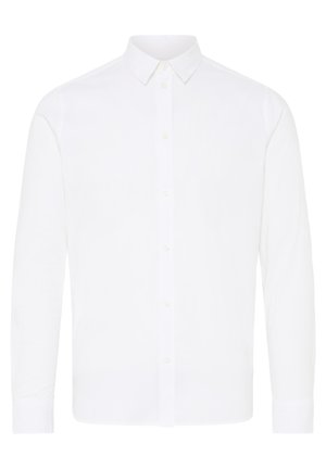White long-sleeve shirt with a button-down collar, made of smooth fabric. Features front button closure and straight hemline.
