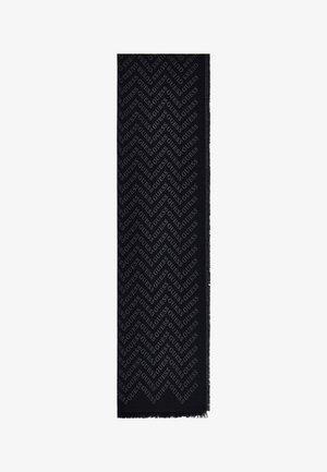 Schwarzer rechteckiger Schal mit sich wiederholendem "GUESS"-Logo in Chevron-Muster und Fransen an den Rändern.