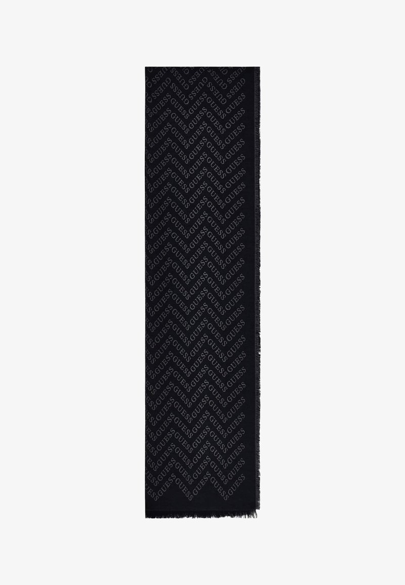 Écharpe rectangulaire noire avec le logo "GUESS" répété en motif chevron et bords à franges.