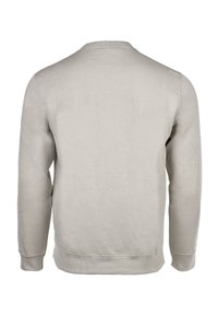 Sudadera gris claro hecha de tela suave, con mangas largas, cuello redondo y puños y dobladillo acanalados. Textura lisa con un diseño sencillo.
