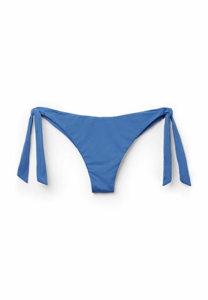 Blue bikini bottom made of smooth fabric, featuring a high-cut design with ties on both sides. Simple and sleek with no additional patterns.