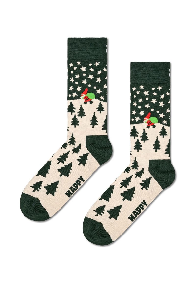 Chaussettes jusqu'aux genoux avec un haut et un orteil verts, un corps blanc décoré d'arbres verts et d'un gnome, avec le mot "HAPPY" sur le pied.