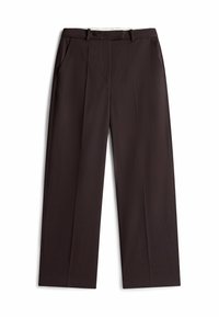 Bruine wijde broek van gladde stof, met voorzakken, geplooide details en een aansluitende tailleband met riemlussen.