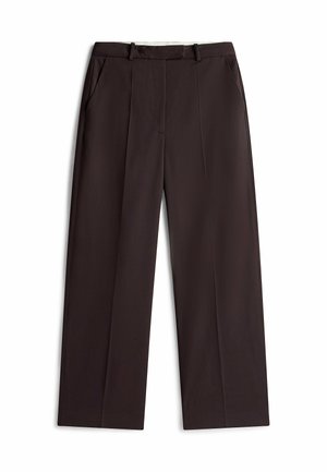 Braune weit geschnittene Hose aus glattem Stoff, mit vorderen Taschen, Faltendetails und einem taillierten Bund mit Gürtelschlaufen.