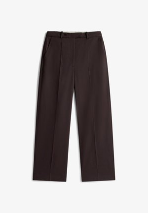 Bruine wijde broek van gladde stof, met voorzakken, geplooide details en een aansluitende tailleband met riemlussen.