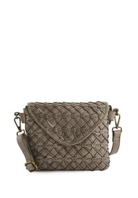 Woven leather crossbody bag in gray, featuring a rounded flap, adjustable strap, and textured pattern with circular accents.