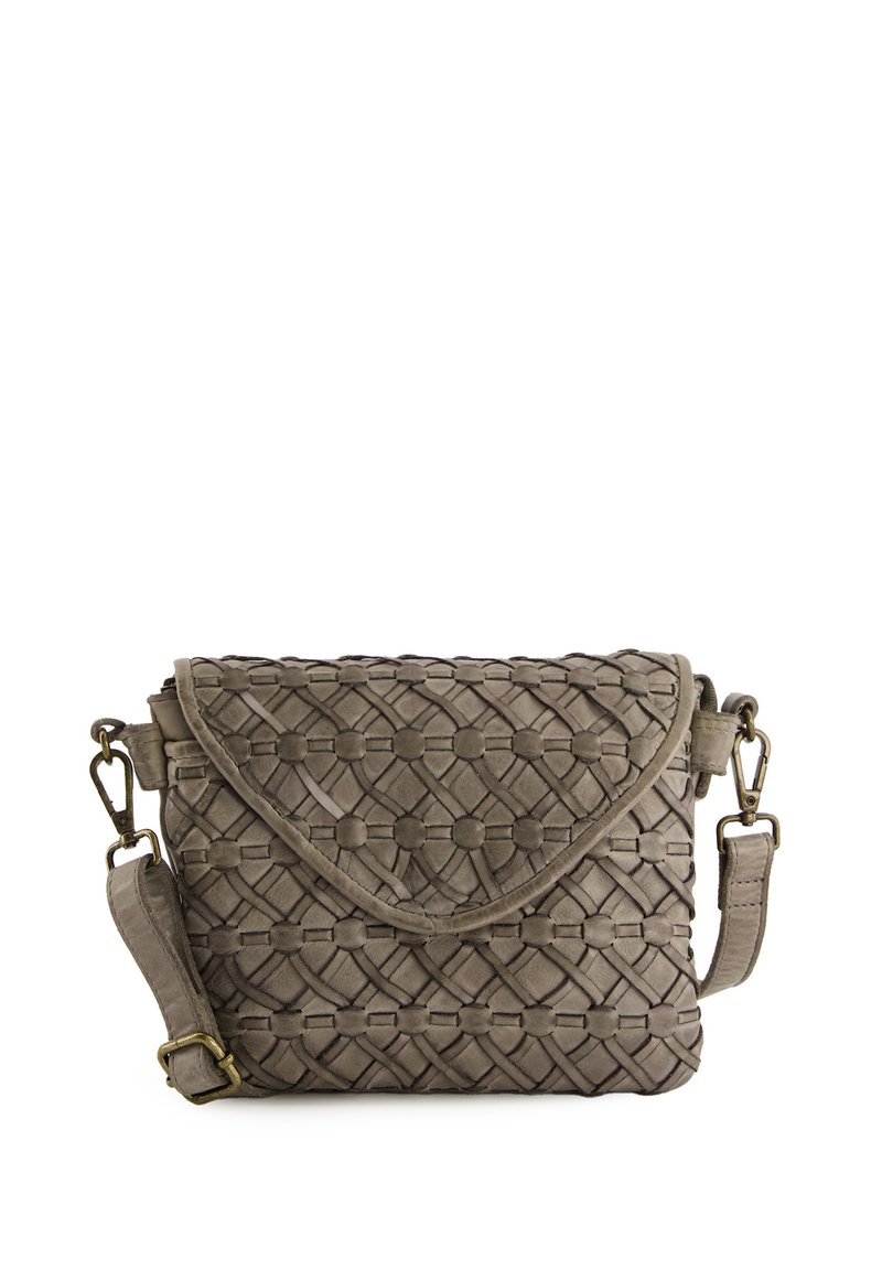 Woven leather crossbody bag in gray, featuring a rounded flap, adjustable strap, and textured pattern with circular accents.