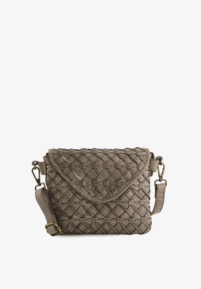 Woven leather crossbody bag in gray, featuring a rounded flap, adjustable strap, and textured pattern with circular accents.