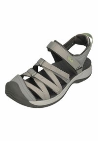 Gray Teva sandal with synthetic straps and a cushioned sole, featuring an adjustable design, textured upper, and a reinforced toe.