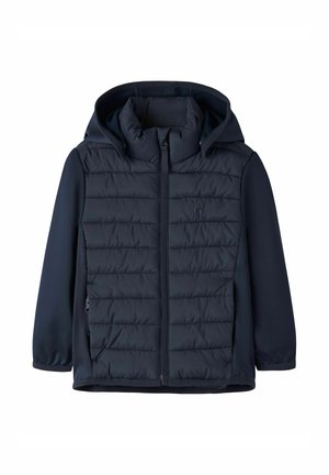 Veste à capuche bleu marine avec devant matelassé, fermeture éclair complète et manches lisses, conçue pour la chaleur et le confort.