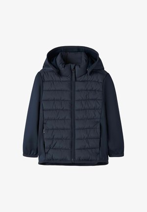 Chaqueta con capucha azul marino, con parte delantera acolchada, cierre de cremallera completo y mangas lisas, diseñada para brindar calidez y comodidad.