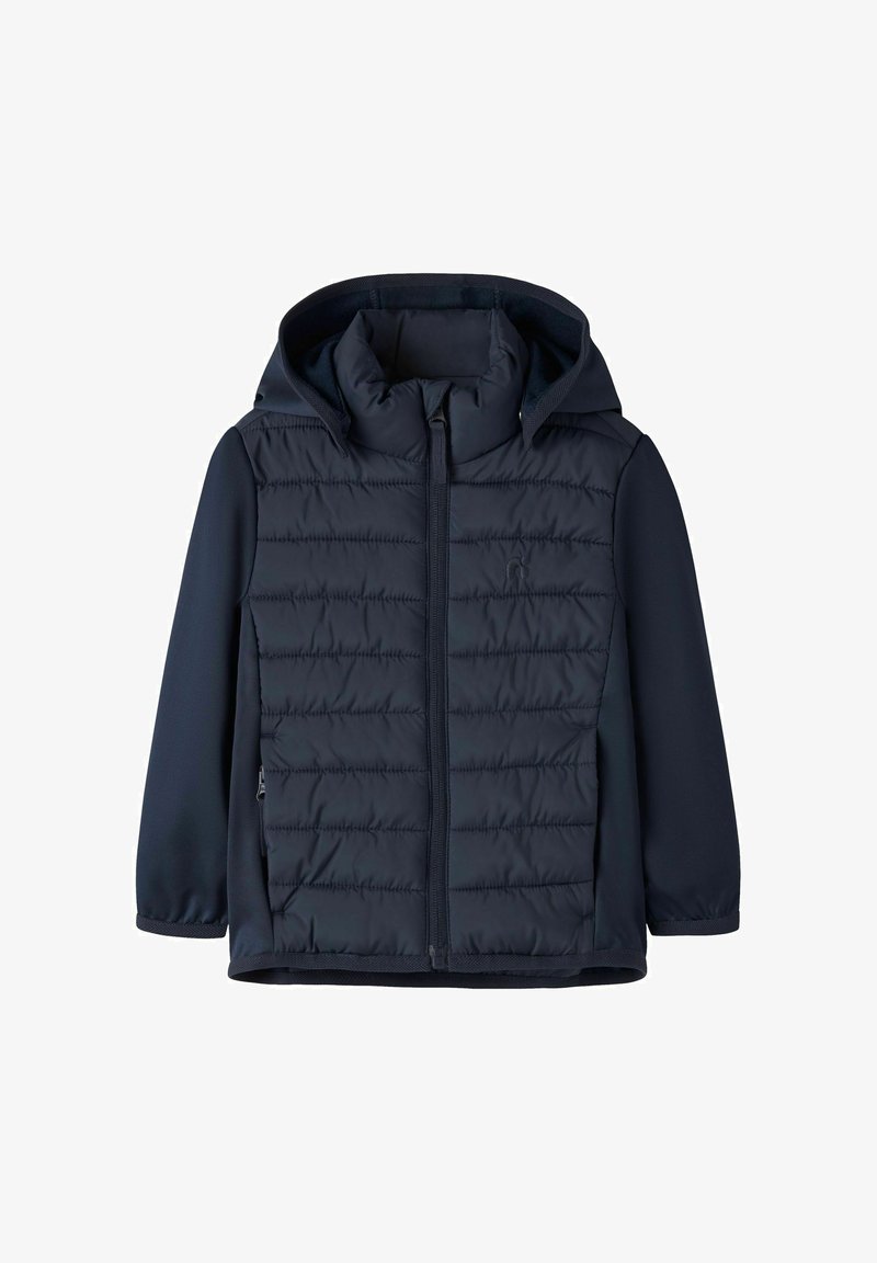 Granatowa kurtka z kapturem, pikowana z przodu, z pełnym zamkiem błyskawicznym i gładkimi rękawami, zaprojektowana dla ciepła i komfortu.