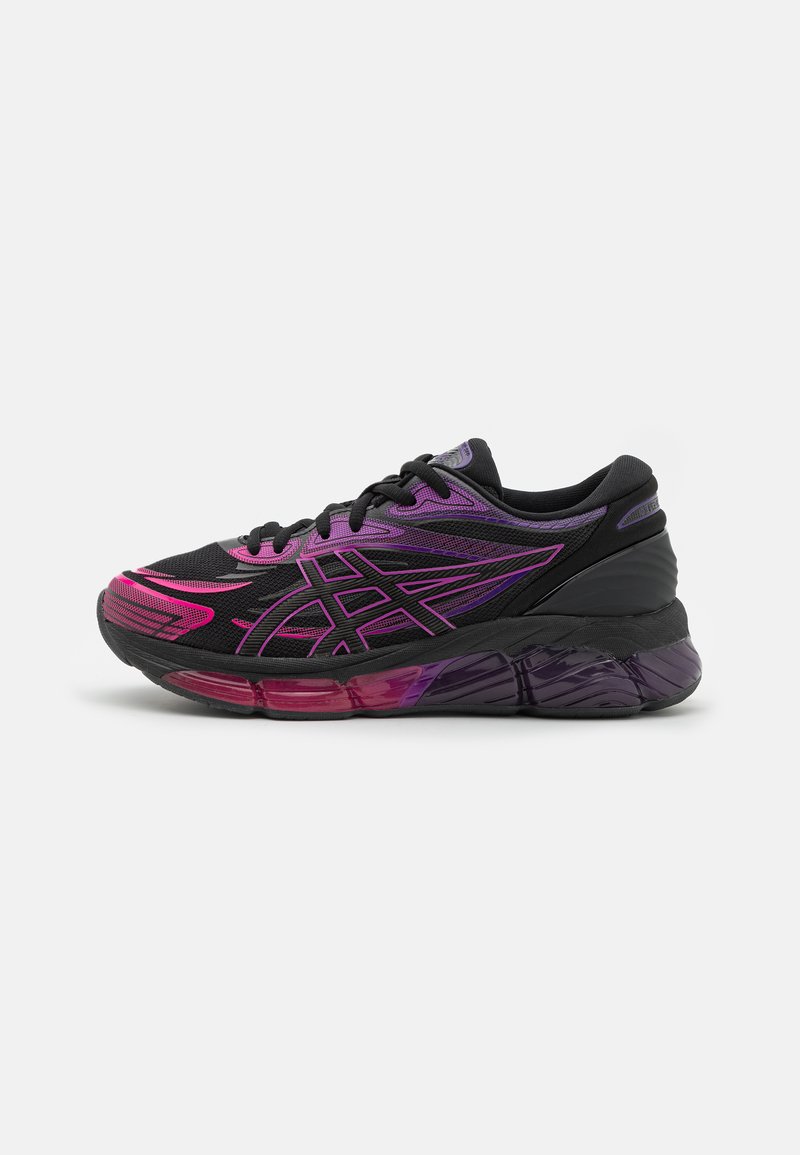 Black athletic shoe with purple and pink accents, featuring a textured upper, breathable mesh, and a cushioned gradient sole.