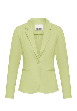 Light green tailored blazer with long sleeves, single button closure, notch lapel collar, and two front welt pockets.
