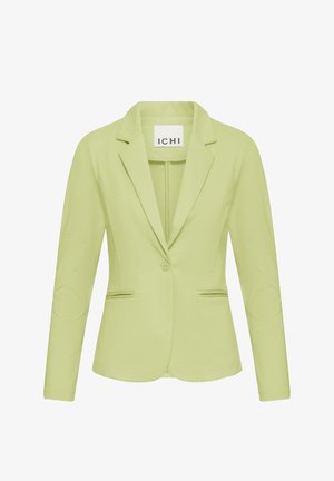 Light green tailored blazer with long sleeves, single button closure, notch lapel collar, and two front welt pockets.