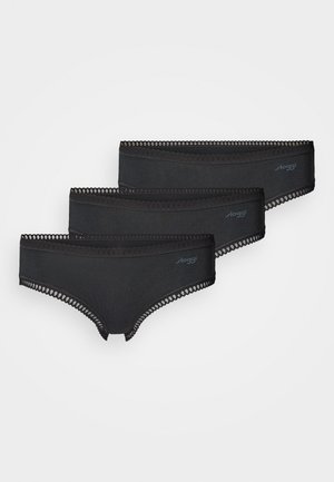 Set of three black cotton briefs featuring a lace trim along the waistband, with a logo on the side of each pair.