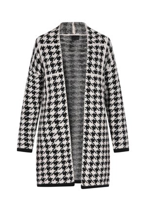 Czarny i biały kardigan w wzór houndstooth, z otwartym przodem, długimi rękawami, dzianinowy materiał, z subtelną fakturą i czarnymi wykończeniami na krawędziach.